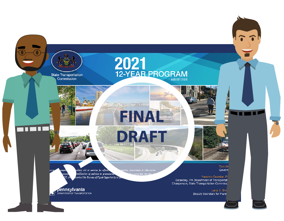 Cartoon characters standing with a copy of the 2021 12-Year Program marked, 'Final Draft'