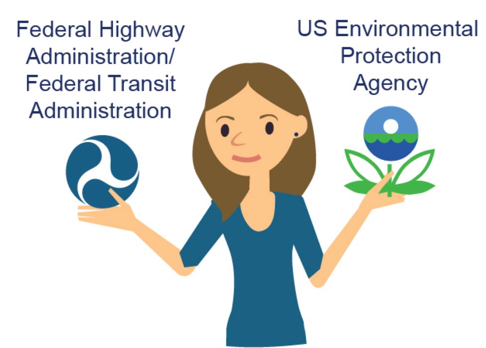 Cartoon character holding the logos of the FEderal Highway Administration/Federal Transit Administration and the US Environmental Projection Agency.